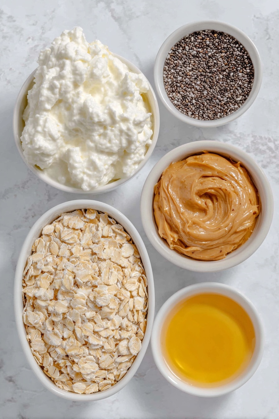 Peanut Butter and Jelly Overnight Oats, healthy overnight oats, easy breakfast ideas, quick breakfast recipes, make-ahead breakfast - Flat lay of a small mound of creamy plain Greek yogurt, a small white bowl filled with smooth almond milk, a small white bowl holding rich, creamy peanut butter, a small white bowl with golden honey glistening under natural light, a small white bowl containing pure vanilla extract, a neat pile of old fashioned oats, a small white bowl with tiny black chia seeds, and a small white bowl with glossy red jelly or jam, all arranged in perfect symmetry on a clean white ceramic surface, placed on a clean white marble surface, soft natural light, photo taken with an iPhone, professional food photography style, fresh ingredients, white ceramic bowls, no bottles, no duplicates, no utensils, no packaging --ar 2:3 --v 7 --p m7354615311229779997