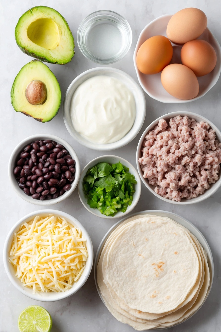 Crispy Baked Turkey Tacos with Avocado Sauce, Turkey taco recipes, baked taco ideas, easy turkey tacos, healthy taco dinner - Flat lay of a halved ripe avocado with bright green flesh, a small mound of creamy white sour cream in a simple white ceramic bowl, a small white bowl filled with fresh vibrant cilantro leaves, a fresh lime cut in half showing juicy segments, a small white bowl containing fine kosher salt, a small white bowl with clear water, a few whole uncracked brown eggs with smooth shells, a portion of raw lean ground turkey in a neat pile, a small white bowl of finely chopped yellow onion, a small white bowl with shiny black beans, a small white bowl of diced green chiles, a small pile of finely chopped fresh cilantro, six soft white flour tortillas stacked evenly, and a neat mound of shredded Monterey Jack cheese all arranged symmetrically and balanced on a clean white marble surface, soft natural light, photo taken with an iPhone, professional food photography style, fresh ingredients, white ceramic bowls, no bottles, no duplicates, no utensils, no packaging --ar 2:3 --v 7 --p m7354615311229779997