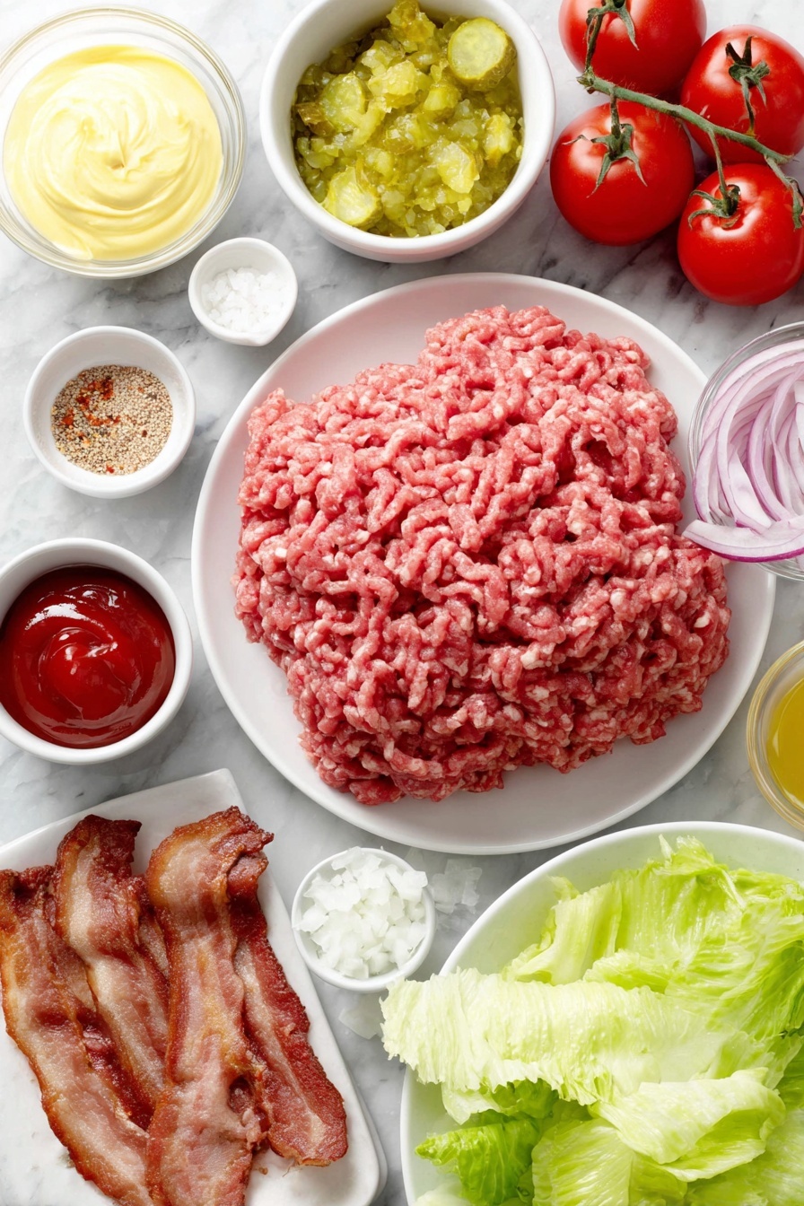 Loaded Burger Bowl with Special Sauce, burger bowl recipe, easy burger bowl, healthy burger bowl ideas, savory burger bowl dinner - Flat lay of fresh lean ground beef shaped loosely in a mound, a small white ceramic bowl of pale yellow mayonnaise, a small white bowl with bright red ketchup, a small white bowl containing rich amber maple syrup, a small white bowl filled with green dill pickle relish, a small white bowl of light brown dried minced onion, a small white bowl with crushed red pepper flakes, a small white bowl of fine white salt, two medium ripe avocados halved and peeled with pits removed, a small white bowl of fresh lemon juice, a small white bowl of salt, a pile of thinly sliced vibrant red onions, two small heads of romaine lettuce with leaves roughly chopped, a cluster of halved glossy red cherry tomatoes, a small neat pile of pale green pickle chips, and several slices of thick-cut cooked bacon with crispy edges—all ingredients fresh and natural, arranged symmetrically in simple white ceramic bowls and plates, placed on a clean white marble surface, soft natural light, photo taken with an iPhone, professional food photography style, fresh ingredients, white ceramic bowls, no bottles, no duplicates, no utensils, no packaging --ar 2:3 --v 7 --p m7354615311229779997