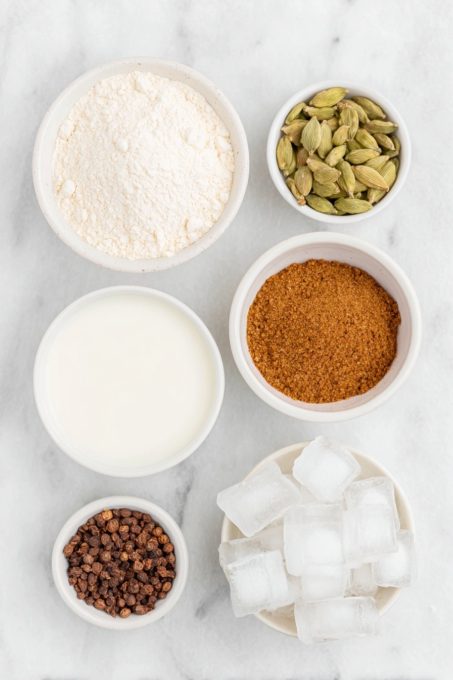 Vanilla Chai Protein Shake, healthy chai protein smoothie, quick breakfast protein shake, energizing chai latte protein, cozy vanilla chai smoothie - Flat lay of a small mound of smooth vanilla protein powder, a simple white ceramic bowl filled with amber chai tea, a small white bowl with warm brown ground nutmeg, another small white bowl containing light green whole cardamom pods, a white ceramic bowl with creamy unsweetened almond milk, and a cluster of clear ice cubes neatly arranged—each ingredient fresh and natural, perfectly spaced and balanced, placed on a clean white marble surface, soft natural light, photo taken with an iPhone, professional food photography style, fresh ingredients, white ceramic bowls, no bottles, no duplicates, no utensils, no packaging --ar 2:3 --v 7 --p m7354615311229779997