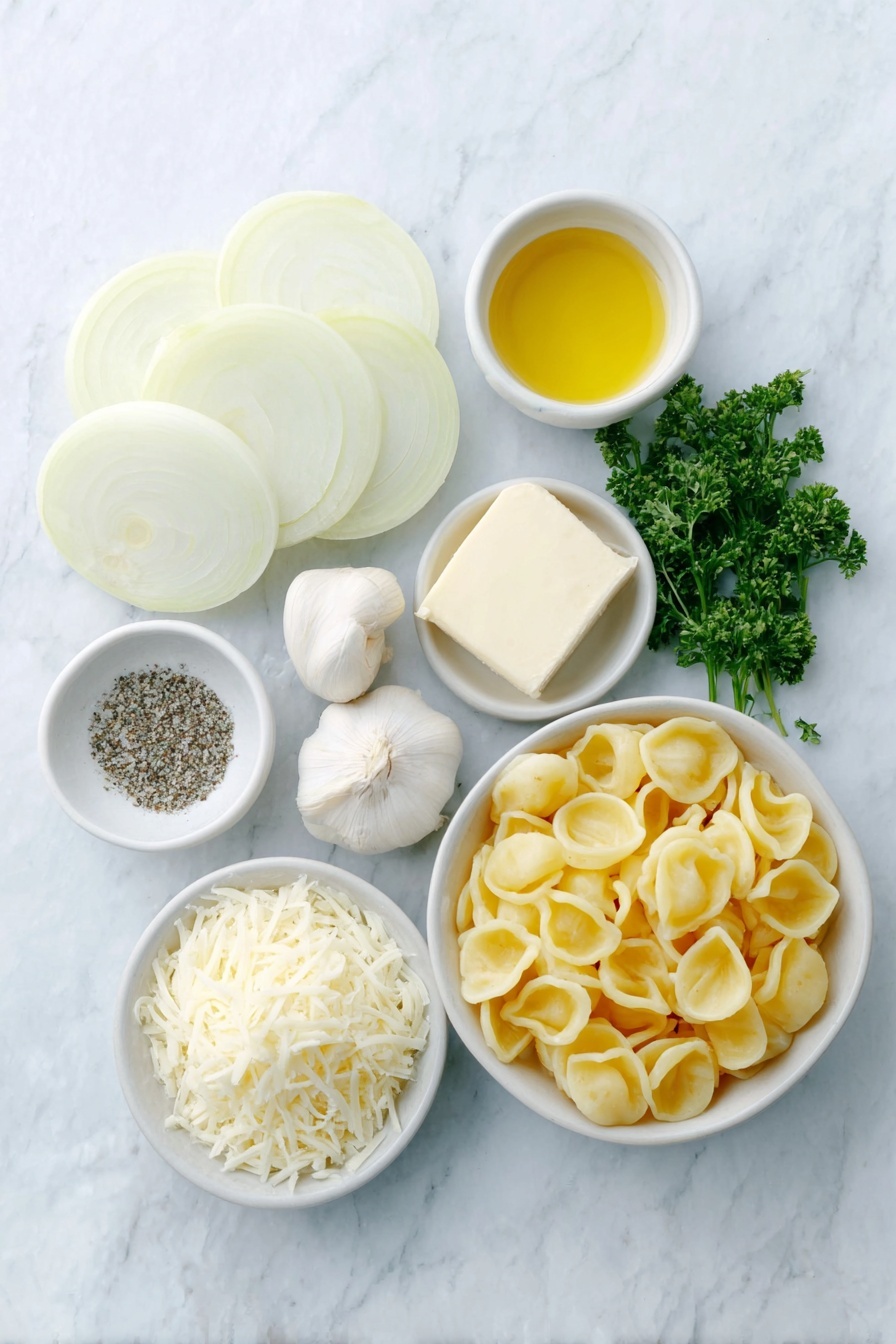 French Onion Pasta with Melted Gruyere, French Onion Pasta, cheesy pasta with caramelized onions, creamy Gruyere pasta, French-inspired pasta dish - Flat lay of three large yellow onions sliced into thin rings arranged neatly, four whole uncracked garlic cloves, a small pile of fresh parsley sprigs, two small white ceramic bowls—one filled with golden olive oil and the other with melted unsalted butter, a small white bowl containing pale evaporated milk, a simple heap of uncooked orecchiette pasta, a pristine small mound of freshly shredded Gruyere cheese, a smaller portion of freshly shredded Parmesan cheese, and a tiny white bowl with coarse sea salt and ground black pepper mixed evenly, all symmetrically placed on a clean white marble surface, soft natural light, photo taken with an iPhone, professional food photography style, fresh ingredients, white ceramic bowls, no bottles, no duplicates, no utensils, no packaging --ar 2:3 --v 7 --p m7354615311229779997