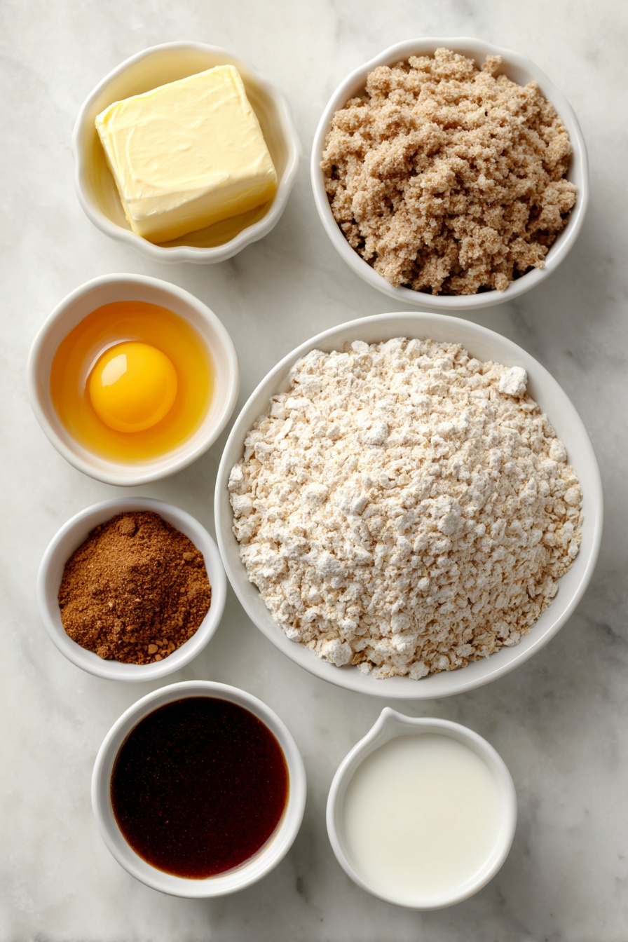 Healthy Gingerbread Oatmeal Cookies, gingerbread oatmeal cookies, nutritious holiday cookies, low-sugar gingerbread treats, wholesome breakfast cookies - Flat lay of a small pile of light tan instant oats, a mound of whole wheat flour with a slightly coarse texture, a neatly arranged selection of ground spices including ginger, cinnamon, nutmeg, and cloves in tiny white ceramic bowls, a small white bowl with melted golden butter, one large whole egg with a clean shell, a small white bowl of dark glossy molasses, a small white bowl of fresh white nonfat milk, all placed symmetrically on a clean white marble surface, soft natural light, photo taken with an iPhone, professional food photography style, fresh ingredients, white ceramic bowls, no bottles, no duplicates, no utensils, no packaging --ar 2:3 --v 7 --p m7354615311229779997