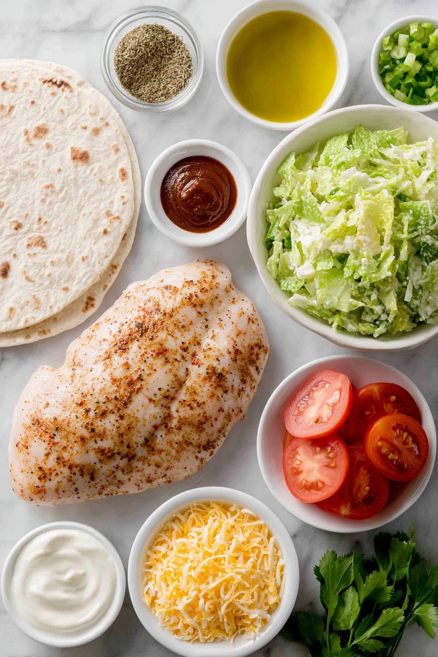 BBQ Grilled Chicken Wraps, grilled chicken wraps with BBQ sauce, easy chicken wrap recipes, smoky chicken wraps, fast weeknight dinner ideas - Flat lay of two whole boneless skinless chicken breasts, a small white bowl of olive oil, a small white bowl containing mixed paprika, onion powder, garlic powder, oregano, and cayenne pepper, two whole large whole wheat tortillas, a small white bowl of plain Greek yogurt, a small white bowl of BBQ sauce, a pile of fresh broccoli slaw mix, a few sprigs of fresh cilantro, a few stalks of green onion finely sliced, a small white bowl of shredded cheddar cheese, chopped romaine lettuce leaves, and six fresh tomato slices, all arranged with perfect symmetry on a clean white marble surface, soft natural light, photo taken with an iPhone, professional food photography style, fresh ingredients, white ceramic bowls, no bottles, no duplicates, no utensils, no packaging --ar 2:3 --v 7 --p m7354615311229779997