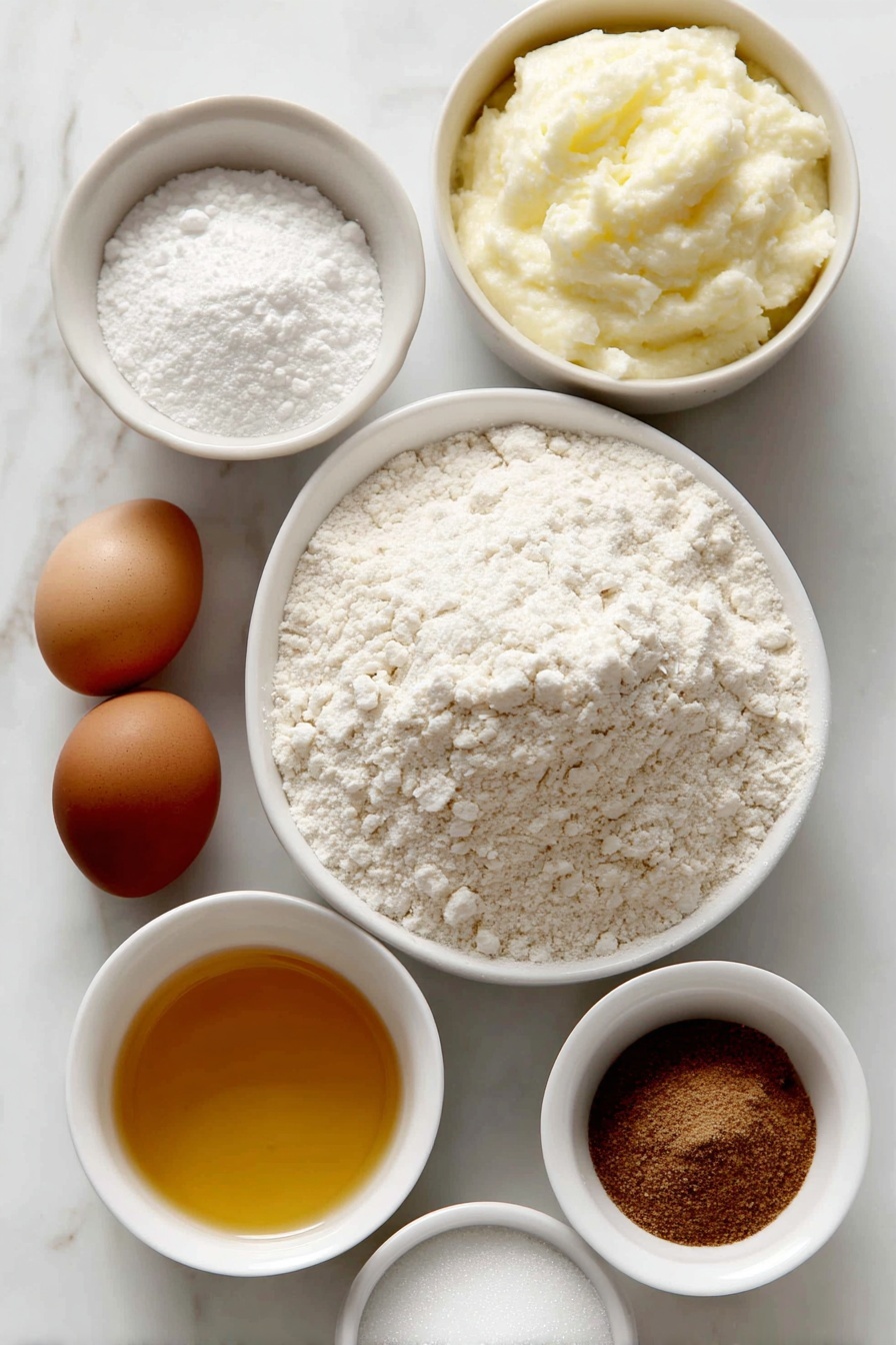 Brown Butter Snickerdoodle Cookies, gluten-free snickerdoodles, soft chewy cookie recipes, easy cookie recipes with browned butter, classic cinnamon sugar cookies - Flat lay of a small mound of all-purpose flour, a few white ceramic bowls containing cream of tartar, cornstarch, baking soda, baking powder, and salt, a small white ceramic bowl with melted browned butter showing a golden amber color, a heap of white granulated sugar, two whole uncracked brown eggs, a small white ceramic bowl of vanilla extract, and a small white ceramic bowl with a mixture of white sugar and ground cinnamon, all arranged symmetrically and balanced, placed on a clean white marble surface, soft natural light, photo taken with an iPhone, professional food photography style, fresh ingredients, white ceramic bowls, no bottles, no duplicates, no utensils, no packaging --ar 2:3 --v 7 --p m7354615311229779997