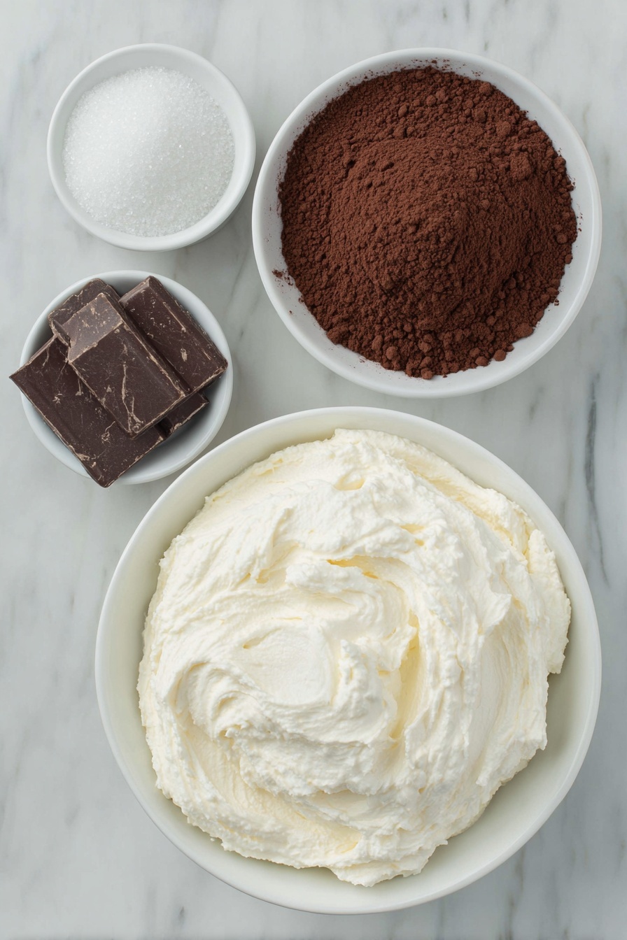 Chocolate Protein Fluff, healthy protein snacks, quick protein desserts, high-protein snack recipes, creamy chocolate snack - Flat lay of a large white ceramic bowl filled with smooth creamy vanilla Greek yogurt, a small white bowl of rich dark chocolate protein powder, a small white bowl of fine unsweetened cocoa powder, a small white bowl containing granulated sugar, all ingredients fresh and natural, placed on a clean white marble surface, soft natural light, photo taken with an iPhone, professional food photography style, fresh ingredients, white ceramic bowls, no bottles, no duplicates, no utensils, no packaging --ar 2:3 --v 7 --p m7354615311229779997