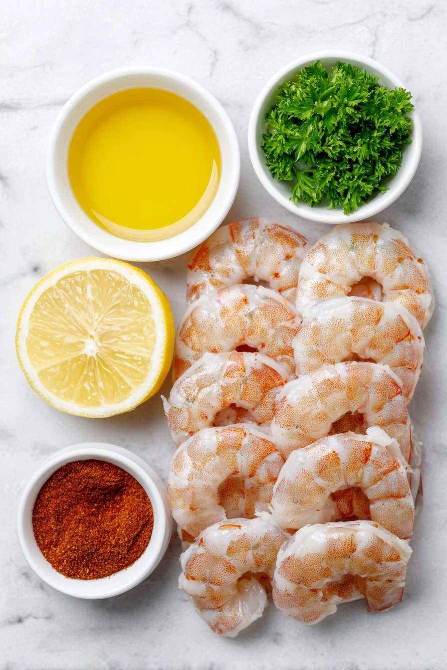 Air Fryer Old Bay Shrimp, crispy seasoned shrimp, quick seafood recipes, easy seafood dinner, healthy shrimp dishes - Flat lay of large peeled and deveined raw shrimp arranged neatly, a small white ceramic bowl filled with golden olive oil, a small white ceramic bowl containing vibrant reddish-brown Old Bay seasoning powder, a small white ceramic bowl with freshly squeezed lemon juice showing a pale yellow liquid, a small white ceramic bowl holding bright green freshly chopped parsley, placed on a clean white marble surface, soft natural light, photo taken with an iPhone, professional food photography style, fresh ingredients, white ceramic bowls, no bottles, no duplicates, no utensils, no packaging --ar 2:3 --v 7 --p m7354615311229779997