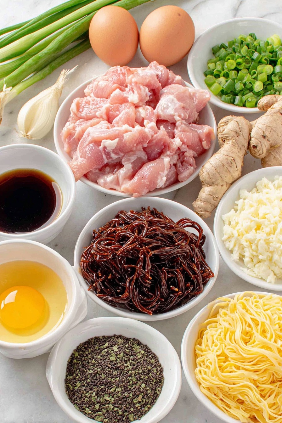 Ginger Scallion Chicken Noodle Soup, chicken noodle soup recipe, easy Asian-inspired soup, quick healthy chicken soup, flavorful comfort food - Flat lay of boneless skinless chicken thighs with natural pink hues, thinly sliced garlic cloves, a small pile of finely chopped ginger root, divided scallion whites and scallion greens fresh and vibrant, whole uncracked brown eggs nearby, a small white ceramic bowl of black rice vinegar, another bowl of deep brown soy sauce, a third bowl with golden toasted sesame oil, a few thin matchstick-cut orange carrot sticks, a neat bundle of dried ramen noodles with curly strands, sprinkled kosher salt crystals, and a small heap of freshly ground black and white peppercorns placed symmetrically on simple white ceramic bowls and plates, all arranged in perfect balance placed on a clean white marble surface, soft natural light, photo taken with an iPhone, professional food photography style, fresh ingredients, white ceramic bowls, no bottles, no duplicates, no utensils, no packaging --ar 2:3 --v 7 --p m7354615311229779997