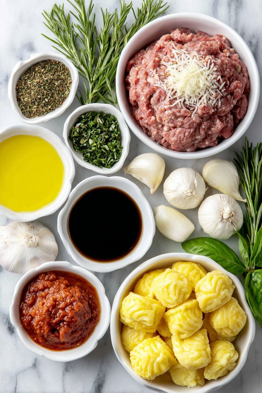 Gnocchi Bolognese, Italian Gnocchi Bolognese, Homemade Gnocchi Bolognese, Easy Gnocchi with Bolognese, Classic Gnocchi Bolognese - Flat lay of a small pool of golden olive oil in a simple white ceramic bowl, a medium yellow onion finely diced forming a neat pile, a medium orange carrot finely diced in a small mound, two fresh celery stalks cut into small pieces arranged in a neat cluster, two large whole garlic cloves unpeeled and clean, a small heap of raw lean ground beef shaped naturally, a small white bowl filled with deep red dry red wine, a small dollop of vibrant red tomato paste on a white plate, a few sprigs of fresh green thyme finely chopped, a sprig of fresh rosemary finely chopped, a small pinch of red chili flakes scattered delicately, two bright red ripe crushed tomatoes showing natural texture in a white bowl, a small white bowl filled with rich brown beef stock, two dried bay leaves whole and unblemished, a pile of light, pillowy potato gnocchi, a small heap of finely grated pale yellow Parmesan cheese, and several bright green fresh basil leaves roughly arranged—all placed on a clean white marble surface, soft natural light, photo taken with an iPhone, professional food photography style, fresh ingredients, white ceramic bowls, no bottles, no duplicates, no utensils, no packaging --ar 2:3 --v 7 --p m7354615311229779997