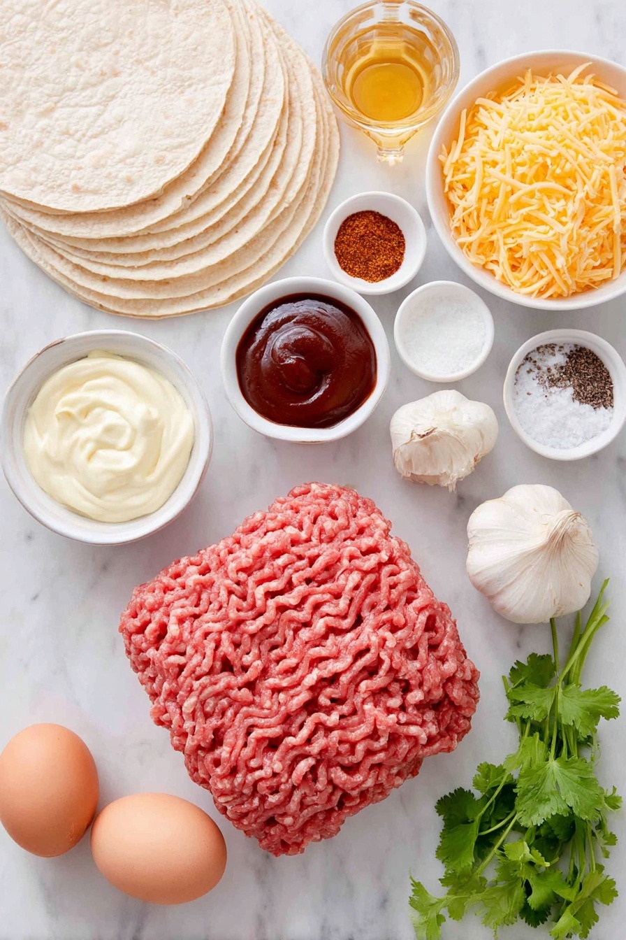 Garlic Honey BBQ Tacos, BBQ tacos recipe, sweet and smoky tacos, easy taco dinner, flavorful ground beef tacos - Flat lay of a small mound of fresh ground beef, two uncracked brown eggs, two cloves of whole garlic, a small white bowl of golden honey, a small white bowl of dark reddish BBQ sauce, a small white bowl of creamy mayonnaise, a small white bowl of smoked paprika powder, a pinch of coarse salt crystals, a few cracked black peppercorns, six soft corn tortillas stacked neatly, a small pile of shredded bright orange cheddar cheese, and a small bunch of fresh green cilantro sprigs, all arranged symmetrically and naturally placed on a clean white marble surface, soft natural light, photo taken with an iPhone, professional food photography style, fresh ingredients, white ceramic bowls, no bottles, no duplicates, no utensils, no packaging --ar 2:3 --v 7 --p m7354615311229779997