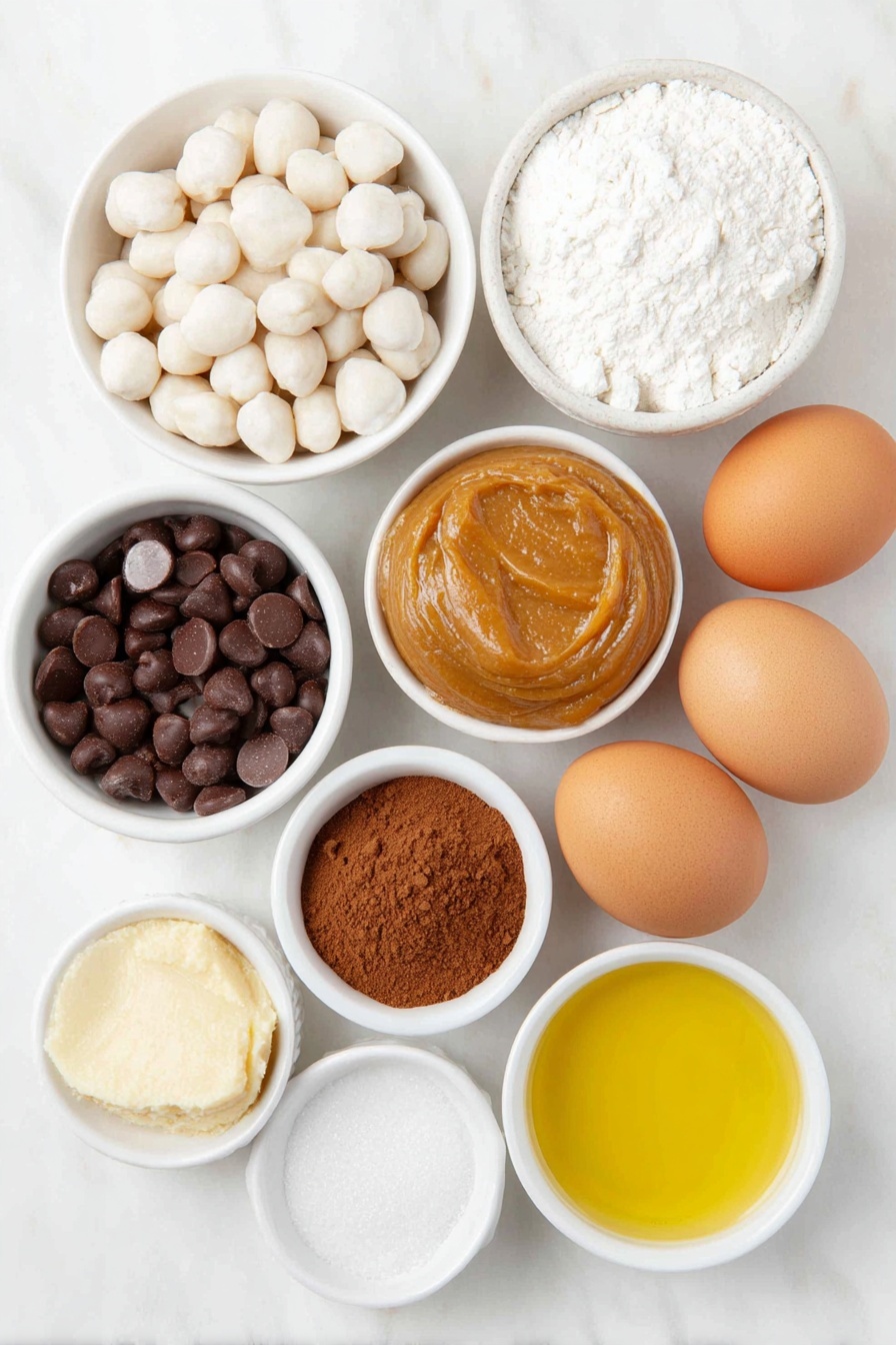 Chocolate Chip Bean Cookie Pie, healthy cookie pie with beans, bean-based dessert recipe, chewy chocolate chip pie, nutritious sweet treat - Flat lay of two small white ceramic bowls, one filled with plump white garbanzo beans, the other with smooth golden brown chocolate chips; a small white bowl containing glossy light brown almond flour; another small white bowl with thick, pale applesauce; a small white bowl holding creamy golden nut butter; a cluster of three whole, uncracked brown eggs; a shallow white bowl with fine brown unrefined sugar; a small white bowl of light golden oil; a whole vanilla bean pod resting beside a small white bowl of white baking powder; a pinch of coarse white salt in a tiny white bowl; a small white bowl with sparkling white baking soda; all ingredients arranged symmetrically with perfect proportions, placed on a clean white marble surface, soft natural light, photo taken with an iPhone, professional food photography style, fresh ingredients, white ceramic bowls, no bottles, no duplicates, no utensils, no packaging --ar 2:3 --v 7 --p m7354615311229779997