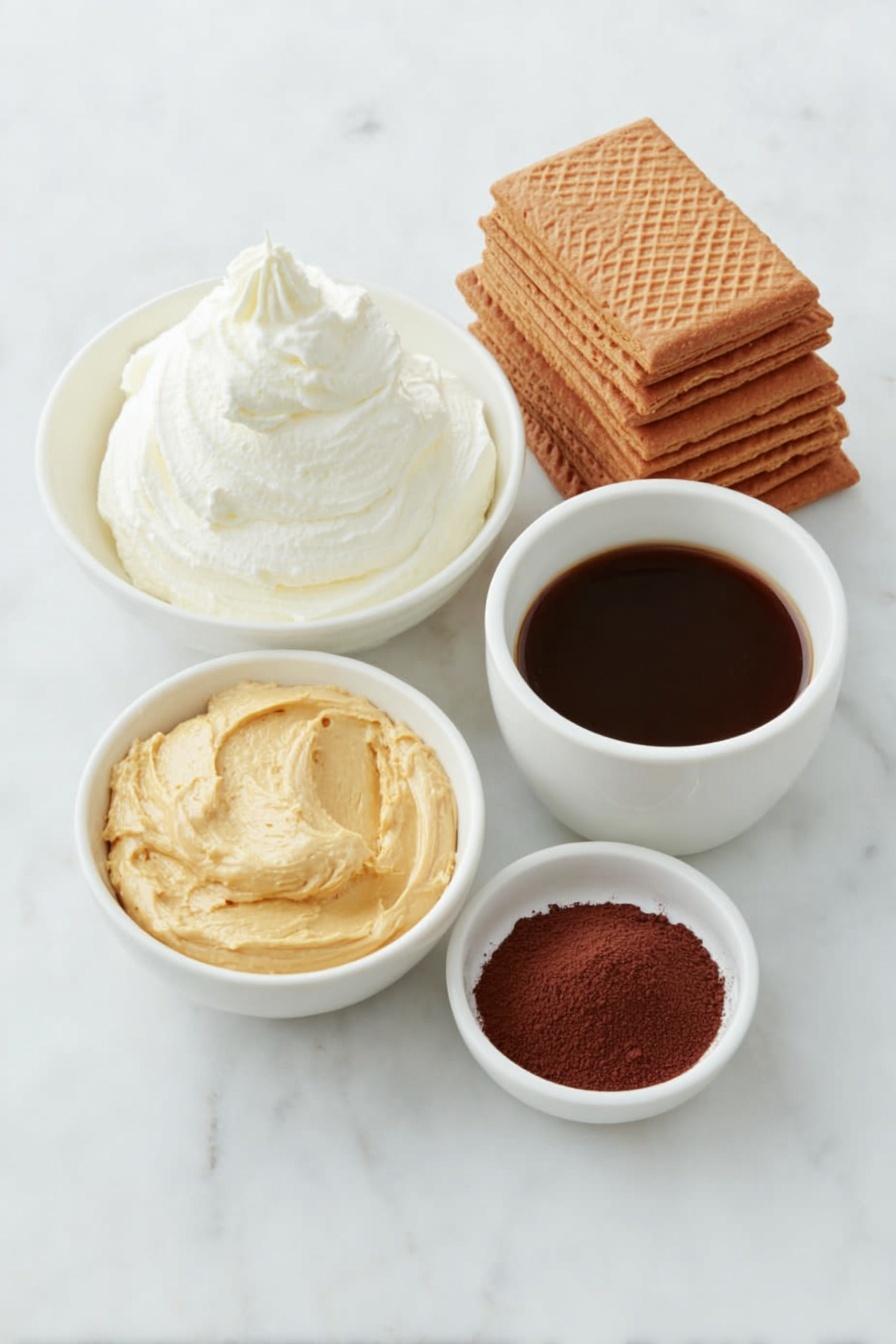 Biscoff Tiramisu, Biscoff dessert, cookie butter tiramisu, caramelized cookie tiramisu, Biscoff layered dessert - Flat lay of a small mound of fresh heavy whipping cream, a neat dollop of smooth mascarpone cheese, a generous smear of creamy Biscoff cookie butter, a whole vanilla bean pod, a simple white bowl filled with dark strong coffee, several crisp Biscoff cookies stacked in a tidy pile, a small white bowl of fine cocoa powder, placed on a clean white marble surface, soft natural light, photo taken with an iPhone, professional food photography style, fresh ingredients, white ceramic bowls, no bottles, no duplicates, no utensils, no packaging --ar 2:3 --v 7 --p m7354615311229779997