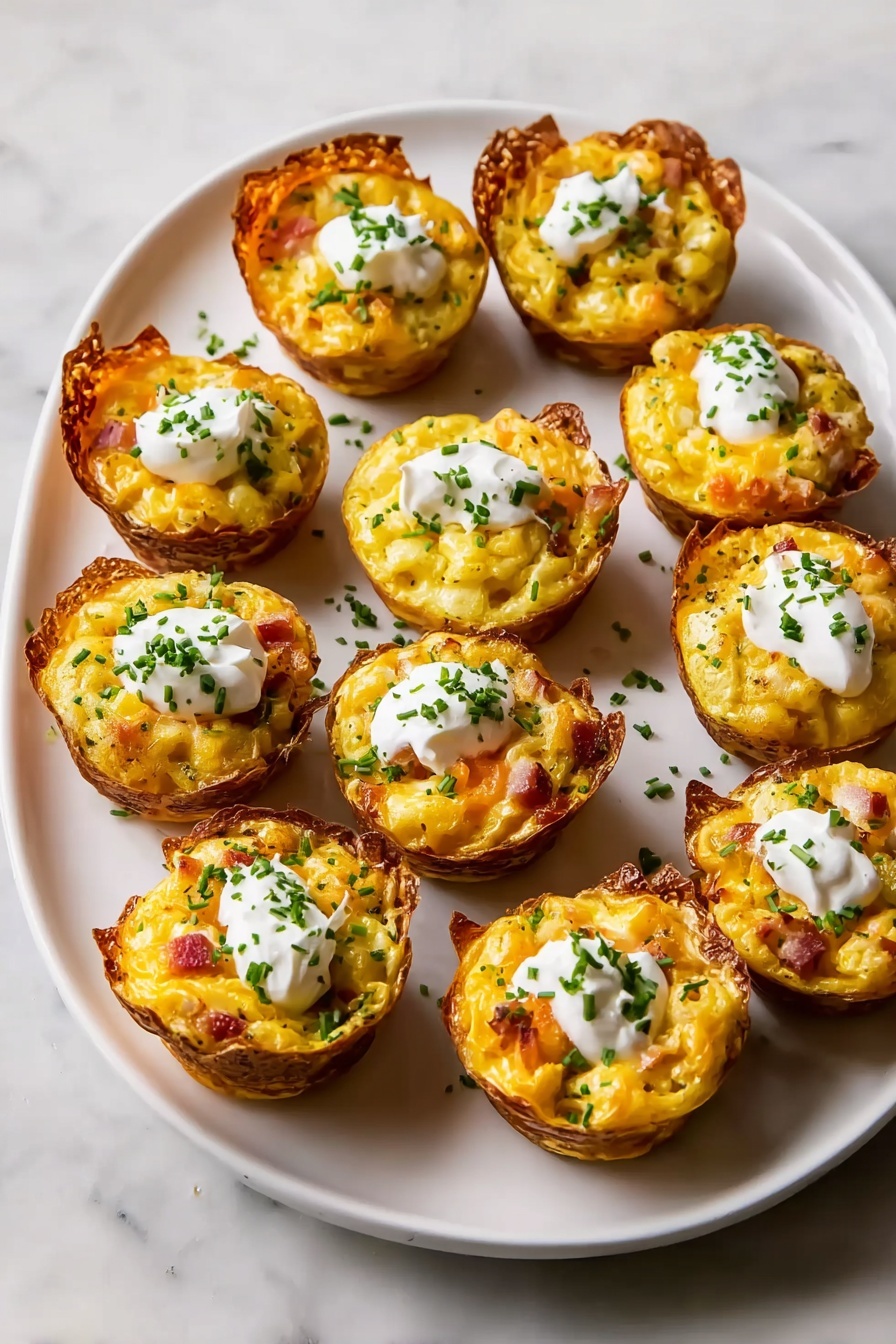 Cheesy Mashed Potato Puffs, finger foods, cheesy potato bites, crispy potato snacks, appetizer ideas - There is a white plate on a white marbled surface filled with thirteen mini savory muffins. Each muffin has a crispy, golden-brown outer crust and a soft, yellow cheese layer inside mixed with small bits of orange and pink ingredients, likely vegetables or meat. Some muffins have a dollop of white cream on top, sprinkled with small green chopped herbs. The muffins are arranged loosely in rows, showing their uneven, rustic shapes, and the cheese looks melted and slightly browned on top. photo taken with an iphone --ar 2:3 --v 7