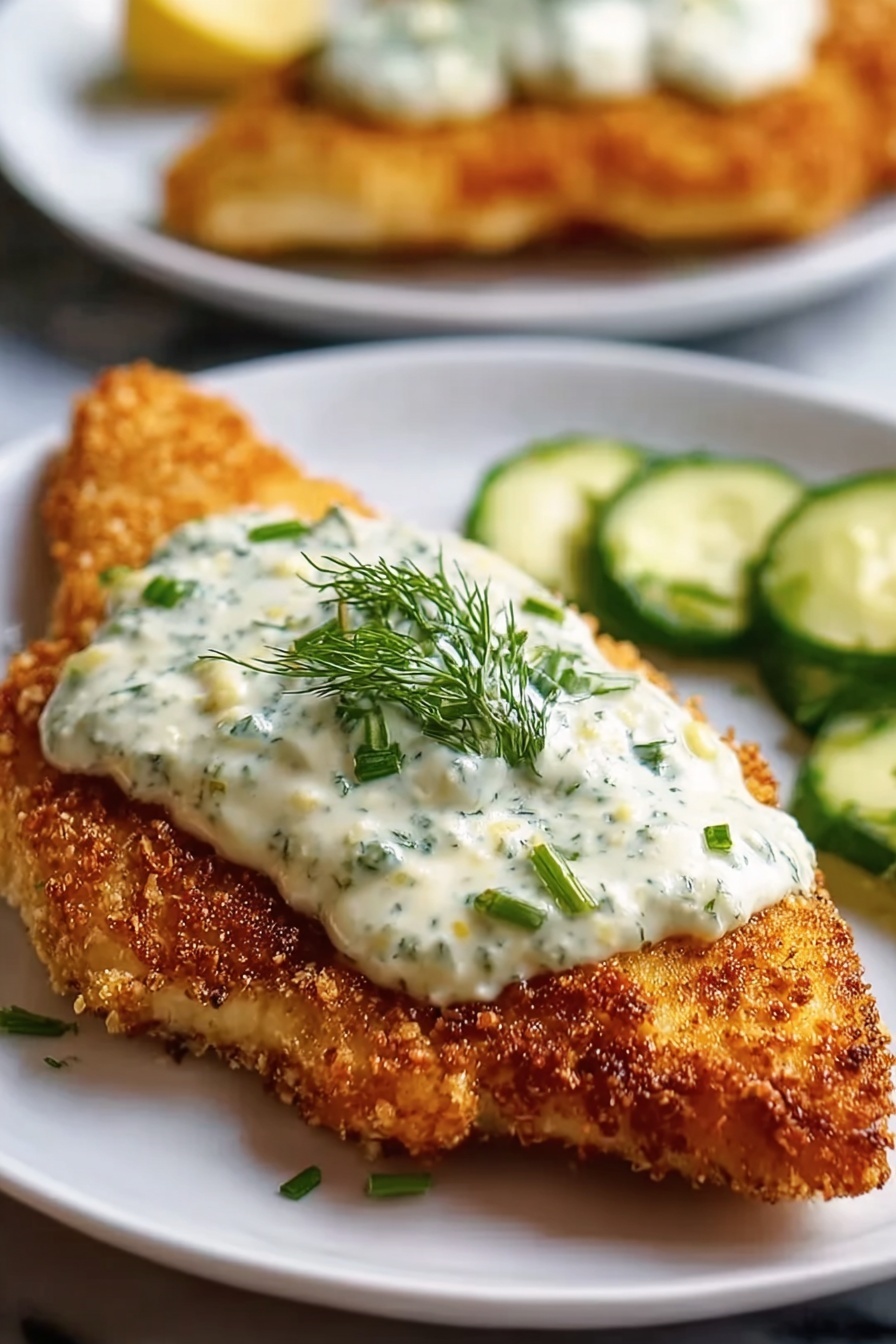 Crispy Dill Pickle Parmesan Chicken, crispy chicken with dill pickles, Parmesan coated chicken recipe, tangy pickle chicken, easy flavorful chicken dinner - A golden-brown crispy fried fillet occupies the center of a white plate, topped with a thick layer of creamy white sauce mixed with green herbs, garnished with a small sprig of fresh dill. The fish’s surface is textured with crunchy edges and a slightly uneven crust. In the background, there is another piece of fried fillet with the same golden crust, and to the right side of the plate, green cucumber slices add a fresh touch. The setting sits on a white marbled surface. photo taken with an iphone --ar 2:3 --v 7