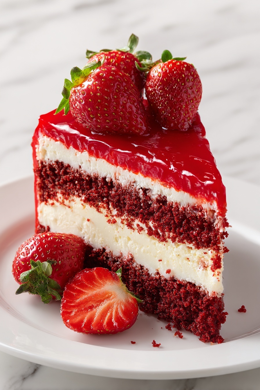 Red Velvet Cheesecake with Strawberries, red velvet cheesecake recipe, easy red velvet cheesecake, strawberry dessert options, layered cheesecake with strawberries - A slice of cake with three layers sits on a white plate. The bottom layer is dark red and crumbly, the middle layer is thick and creamy white, and the top layer is smooth and glossy red. Fresh strawberries with green leaves are placed on top, adding a bright red and green contrast. The background has a white marbled texture. Photo taken with an iphone --ar 2:3 --v 7