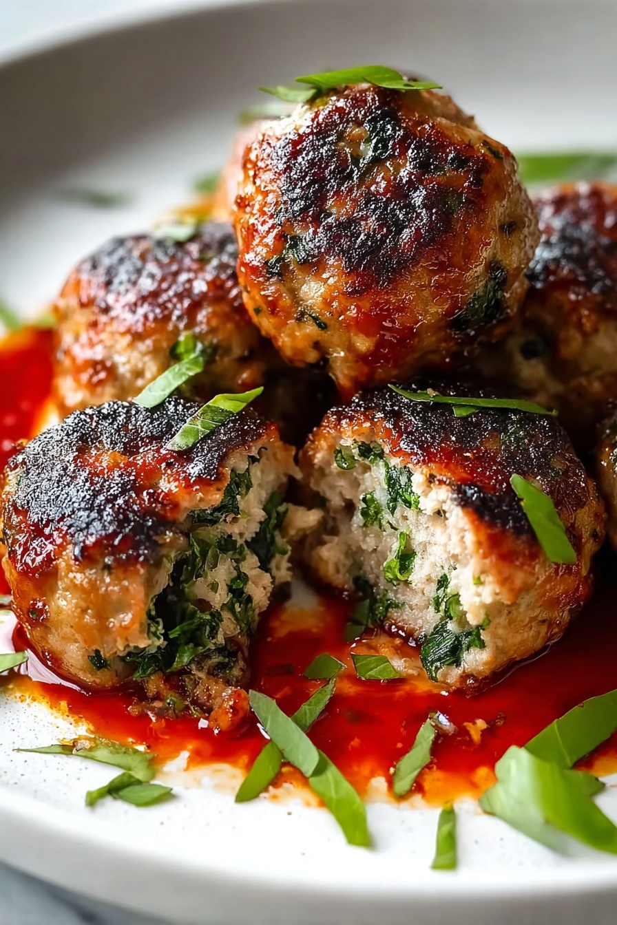 Spinach Garlic Meatballs, healthy spinach meatballs, easy meatball recipe, mozzarella stuffed meatballs, garlic meatball recipe - The image shows a close-up of several golden-brown meatballs, each with a slightly crispy and charred outside. One meatball is cut open in front, revealing a soft inside with green leafy herbs mixed in. The meatballs sit on a white round plate with a shiny layer of red sauce and small green leaves scattered around, all placed on a white marbled surface. Photo taken with an iphone --ar 2:3 --v 7