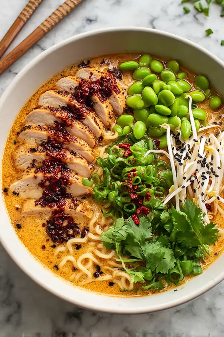 Creamy Marry Me Chicken Ramen, creamy chicken ramen recipe, easy ramen with creamy sauce, comfort food ramen, savory chicken noodle soup - A white bowl filled with creamy, light orange broth covers a bed of curly noodles at the bottom. On the left side, there are six slices of grilled chicken with a light brown crust, topped with dark red chili flakes and black sesame seeds. At the top right, bright green edamame beans are placed, and beside them, fresh white bean sprouts sprinkled with black sesame seeds. At the bottom right, a bunch of green cilantro leaves adds freshness, while the center is covered with sliced green onions mixed with more red chili flakes. The bowl is set on a white marbled surface with wooden chopsticks nearby. Photo taken with an iphone --ar 2:3 --v 7