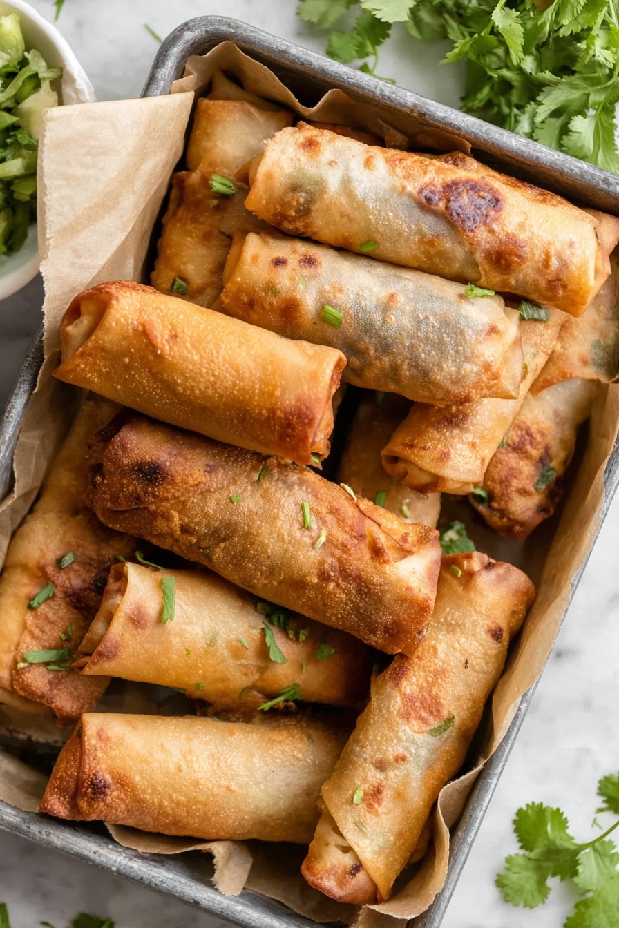 Southwest Chicken Egg Rolls, Southwest Chicken Egg Roll with Avocado Ranch, Easy Southwest Egg Rolls, Crispy Chicken Egg Rolls, Avocado Ranch Dipping Sauce - A metal tray lined with light brown parchment paper holds nine golden brown spring rolls, each spring roll showing a thin, crispy outer layer with slight bumps and some darker spots of fried texture, garnished lightly with small chopped green herbs for freshness. The spring rolls are arranged closely together, filling the tray with some pieces overlapping. Around the tray, fresh green cilantro leaves are scattered on a white marbled surface, adding a touch of color to the scene. Photo taken with an iphone --ar 2:3 --v 7