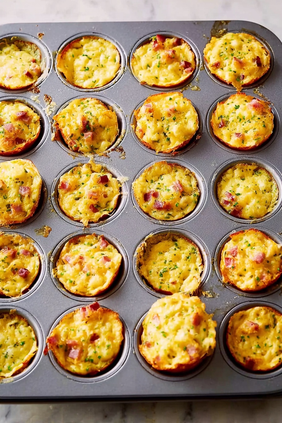 Cheesy Mashed Potato Puffs, finger foods, cheesy potato bites, crispy potato snacks, appetizer ideas - A gray metal muffin tray filled with 22 small baked egg muffins, each with a golden yellow top speckled with green herbs and bits of pink ham. The muffins have a slightly browned, textured cheese layer that is melted and bubbly, some overflowing a little on the edges. The tray rests on a white marbled surface. Photo taken with an iphone --ar 2:3 --v 7