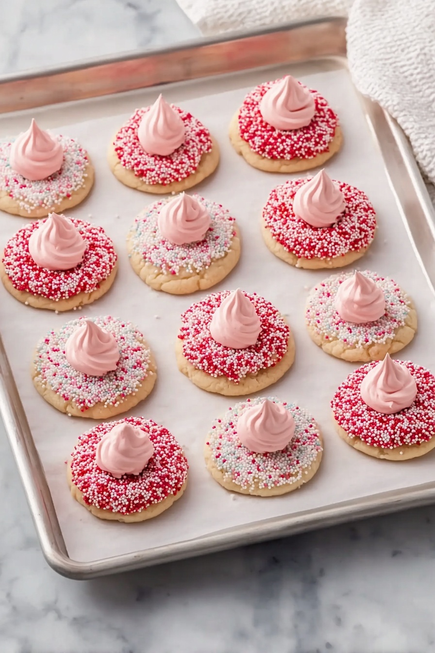 Strawberry Kiss Cookies, strawberry kiss cookies recipe, soft strawberry cookies, cream cheese strawberry cookies, Valentine’s Day cookie ideas - The image shows a baking tray lined with white parchment paper, holding twelve round cookies arranged in neat rows. Each cookie has two layers: a base layer of soft, slightly textured dough, with six covered in white sugar sprinkles mixed with small colorful specks, and the other six covered in tightly packed red, pink, and white round sprinkles. On top of each cookie, in the center, is a small, smooth dollop of pale pink frosting shaped like a peak. The tray is placed on a white marbled surface with a white towel visible in the upper right corner. Photo taken with an iphone --ar 2:3 --v 7