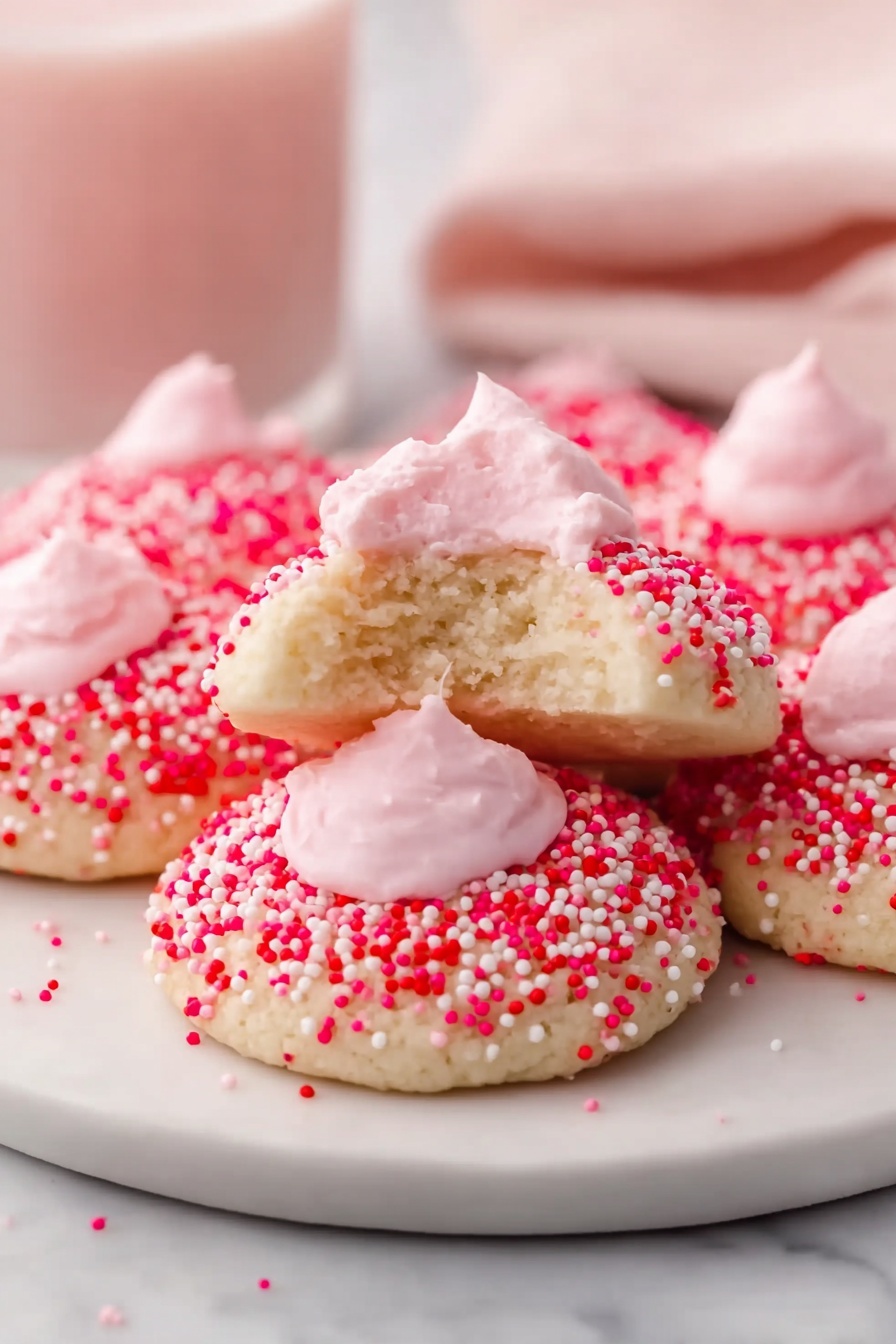 Strawberry Kiss Cookies, strawberry kiss cookies recipe, soft strawberry cookies, cream cheese strawberry cookies, Valentine’s Day cookie ideas - A white plate holds a mix of round cookies arranged closely together. Each cookie has two layers - the bottom layer is light-colored with small colorful speckles or coated in red, white, and pink round sprinkles, while the top layer is a dollop of smooth, light pink frosting placed in the center. The sprinkles look slightly raised, adding texture, and the cookies have a soft, powdery look. The plate sits on a white marbled surface, and a glass of pink milk is placed nearby. Photo taken with an iphone --ar 2:3 --v 7