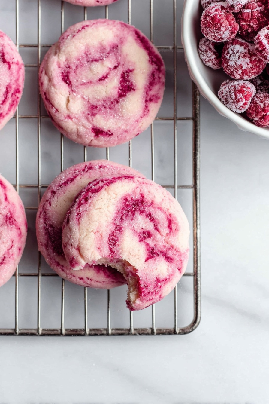 Raspberry Cookies with Fresh B raspberries, fresh raspberry cookies, berry cookies recipe, easy raspberry cookies, homemade raspberry cookies - The image shows a close-up of three round pink cookies with red swirls resting on a black cooling rack. Each cookie has a rough, sugar-coated texture with visible cracks and red streaks running throughout. The cookies are seen on a white marbled surface, with one cookie in the center and the edges of two others slightly visible. photo taken with an iphone --ar 2:3 --v 7