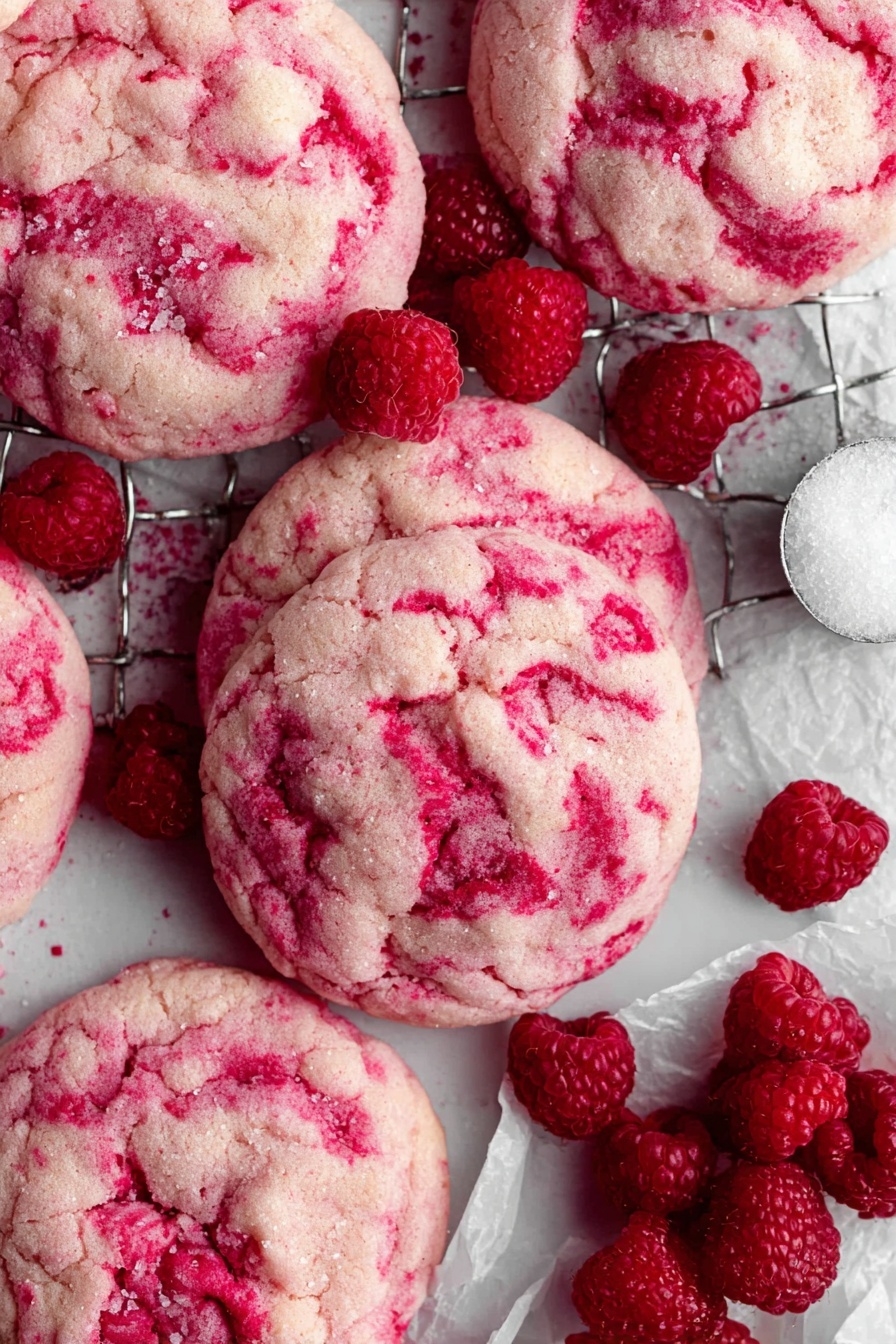 Raspberry Cookies with Fresh B raspberries, fresh raspberry cookies, berry cookies recipe, easy raspberry cookies, homemade raspberry cookies - The image shows several round, soft pink cookies with bright red swirls and specks evenly spread throughout each cookie. The cookies rest on a white marbled surface with a metal cooling rack beneath some of them. Around the cookies are scattered whole raspberries and a small white scoop filled with sugar. A white parchment paper holds more raspberries on the right side. The texture of the cookies looks soft and slightly powdery with a rough surface pattern. The colors are mainly soft pink and bright red from the swirled fruit. Photo taken with an iphone --ar 2:3 --v 7