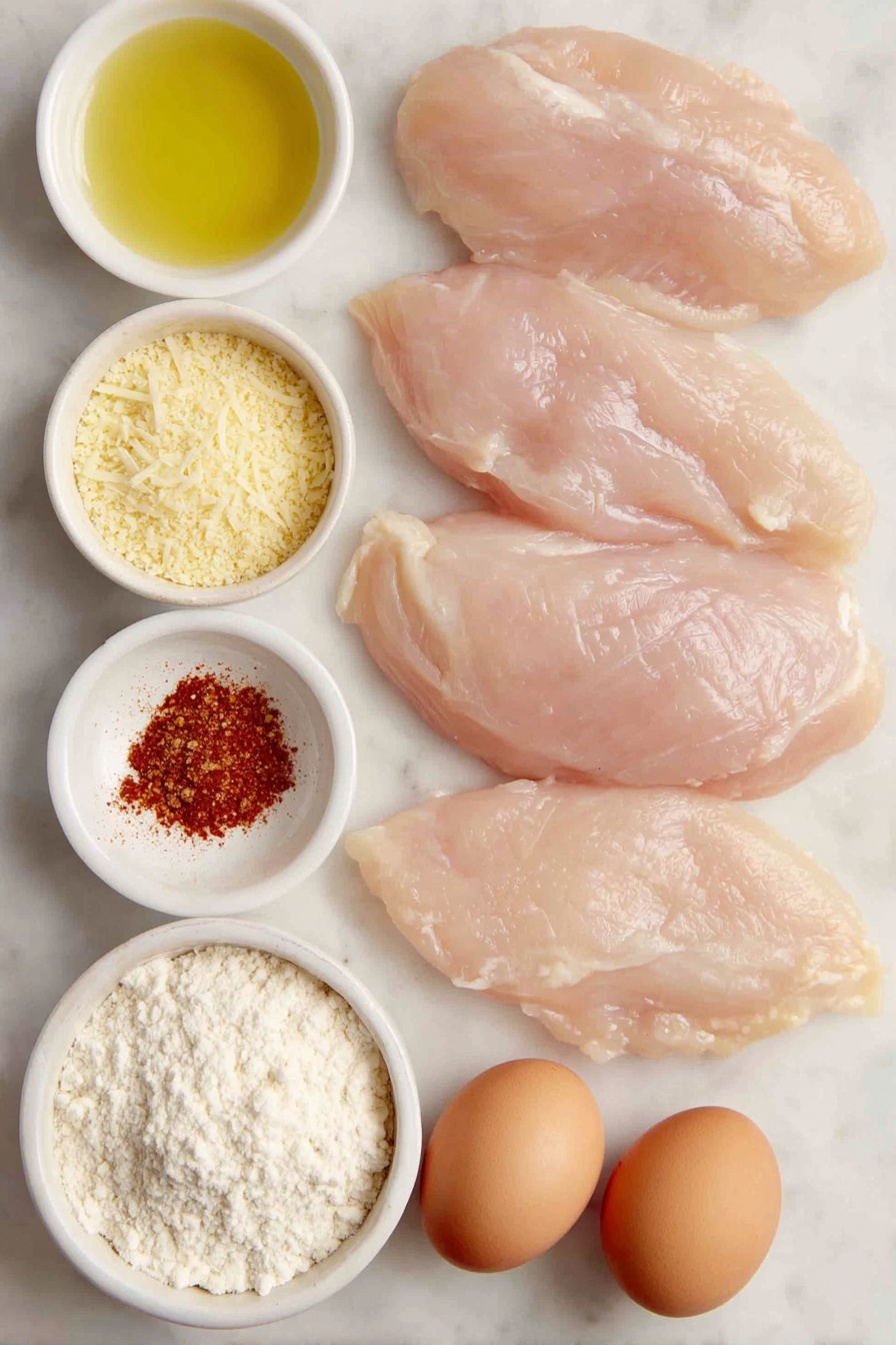 Crispy Dill Pickle Parmesan Chicken, crispy chicken with dill pickles, Parmesan coated chicken recipe, tangy pickle chicken, easy flavorful chicken dinner - Flat lay of four raw boneless skinless chicken breasts, a small white bowl of pale green dill pickle juice, a small white bowl of golden seasoned breadcrumbs mixed with grated Parmesan cheese, a small white bowl of fine white all-purpose flour, two large whole brown eggs with clean shells, a small white bowl of light yellow cooking oil, a small white bowl of reddish paprika powder, a small white bowl containing a pale beige mix of garlic powder and onion powder, arranged with perfect symmetry on a clean white marble surface, soft natural light, photo taken with an iPhone, professional food photography style, fresh ingredients, white ceramic bowls, no bottles, no duplicates, no utensils, no packaging --ar 2:3 --v 7 --p m7354615311229779997