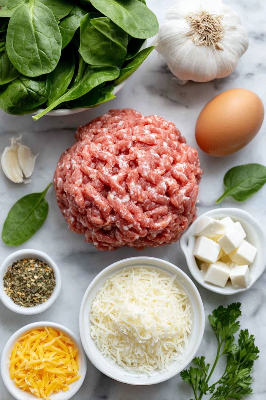 Spinach Garlic Meatballs, healthy spinach meatballs, easy meatball recipe, mozzarella stuffed meatballs, garlic meatball recipe - Flat lay of fresh raw ground beef mound, a vibrant bunch of fresh spinach leaves, four peeled garlic cloves, one small whole white onion, one large uncracked brown egg, a small white ceramic bowl with golden brown breadcrumbs, a small white ceramic bowl filled with grated Parmesan cheese, several chilled mozzarella cubes, a small white ceramic bowl with mixed Italian seasoning herbs, a small white ceramic bowl with bright red pepper flakes, and a few sprigs of fresh green parsley, all arranged symmetrically and naturally on a clean white marble surface, soft natural light, photo taken with an iPhone, professional food photography style, fresh ingredients, white ceramic bowls, no bottles, no duplicates, no utensils, no packaging --ar 2:3 --v 7 --p m7354615311229779997