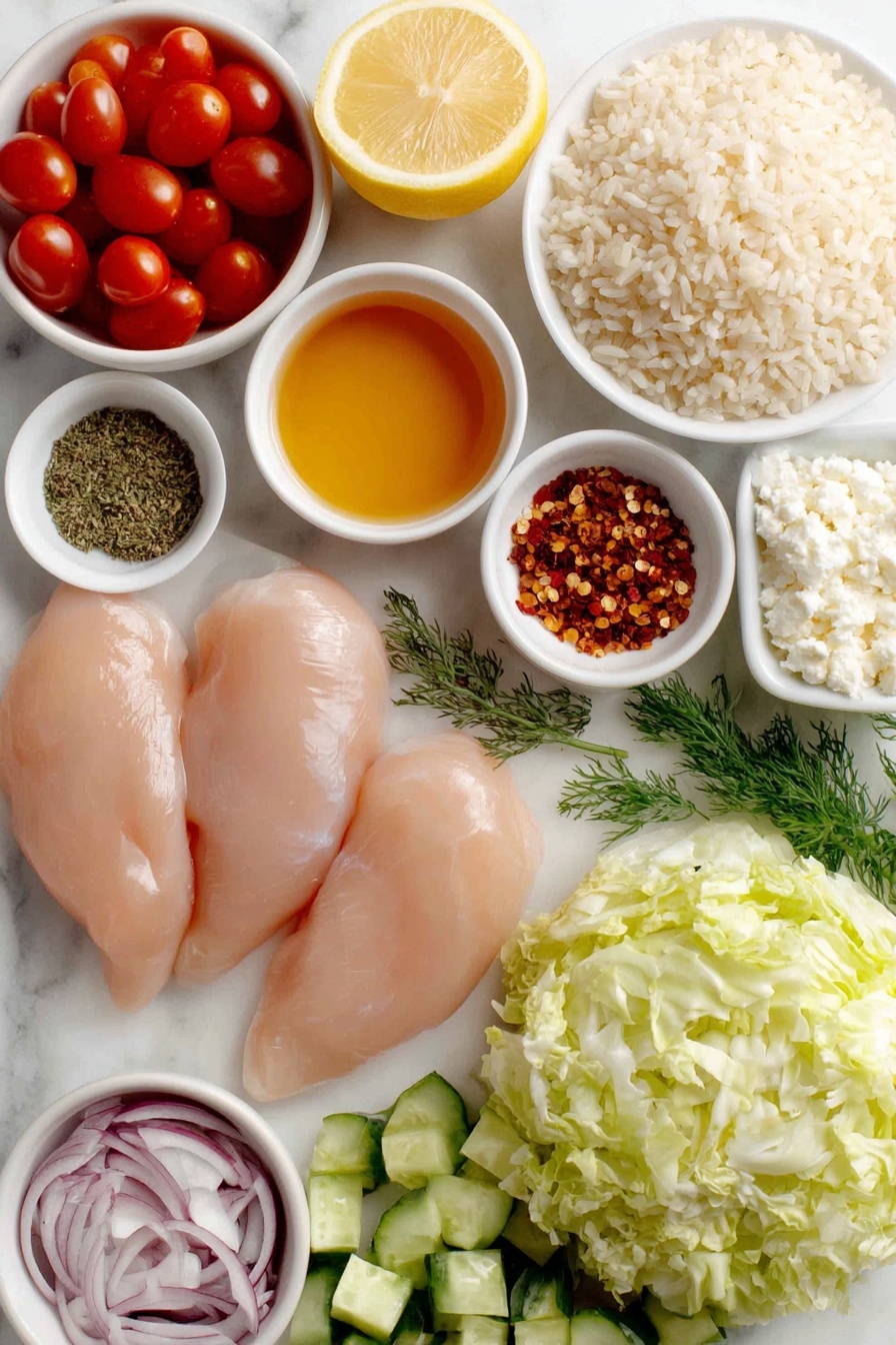 Greek Chicken Bowls with Tzatziki, Greek chicken bowls, Mediterranean chicken bowls, healthy Greek lunch, easy Greek dinner - Flat lay of small raw chicken breasts, a small bowl of vibrant olive oil, a whole lemon with bright yellow zest, a small white bowl of golden honey, a small white bowl of dried oregano and basil mixed, a small white bowl of coarse salt and cracked black pepper, a small white bowl of red pepper flakes, a simple mound of cooked white rice, a small white bowl of halved red grape tomatoes, a small white bowl of diced fresh cucumber, a neatly stacked pile of shredded romaine lettuce leaves, a small white bowl with thinly sliced red onion, a small white bowl of crumbled white feta cheese, a small white bowl of thick plain Greek yogurt, a small white bowl of grated cucumber, a small white bowl of minced garlic, and fresh sprigs of dill placed thoughtfully, placed on a clean white marble surface, soft natural light, photo taken with an iPhone, professional food photography style, fresh ingredients, white ceramic bowls, no bottles, no duplicates, no utensils, no packaging --ar 2:3 --v 7 --p m7354615311229779997