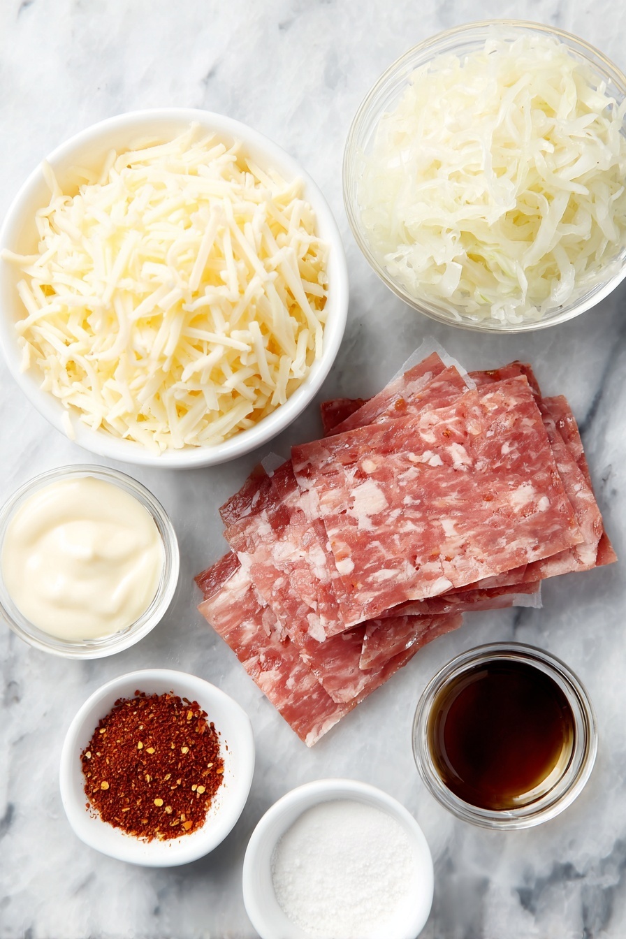 Keto Reuben Roll-Ups with Swiss Cheese, keto Reuben ingredients, low-carb Reuben snack, keto-friendly Reuben wraps, savory Reuben appetizer - Flat lay of shredded Swiss cheese in a small mound, several thin slices of bright red corned beef deli meat slightly folded, a small white bowl filled with pale sauerkraut strands, a small white bowl with creamy pale mayonnaise, a small white bowl containing dark brown Worcestershire sauce, a small white bowl with smooth red sugar-free ketchup, a small white bowl with fine white confectioner’s sugar substitute, a small white bowl of creamy white horseradish sauce, and a small pile of vibrant red paprika powder arranged neatly, all placed on a clean white marble surface, soft natural light, photo taken with an iPhone, professional food photography style, fresh ingredients, white ceramic bowls, no bottles, no duplicates, no utensils, no packaging --ar 2:3 --v 7 --p m7354615311229779997