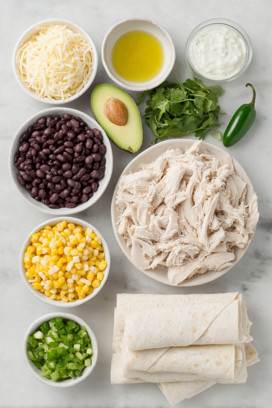 Southwest Chicken Egg Rolls, Southwest Chicken Egg Roll with Avocado Ranch, Easy Southwest Egg Rolls, Crispy Chicken Egg Rolls, Avocado Ranch Dipping Sauce - Flat lay of fresh shredded cooked chicken breast, black beans, fresh yellow corn kernels, diced red bell pepper, chopped green onions, one whole jalapeno pepper, a small bunch of fresh cilantro sprigs, chopped thawed spinach, a small pile of ground cumin and chili powder with salt and cayenne pepper, shredded Monterey Jack cheese, a stack of crisp white egg roll wrappers, a small white ceramic bowl of olive oil, a medium ripe avocado halved showing creamy green flesh, a small white ceramic bowl of ranch dressing, a small white ceramic bowl of buttermilk, a small white ceramic bowl of freshly squeezed lime juice, placed on a clean white marble surface, soft natural light, photo taken with an iPhone, professional food photography style, fresh ingredients, white ceramic bowls, no bottles, no duplicates, no utensils, no packaging --ar 2:3 --v 7 --p m7354615311229779997