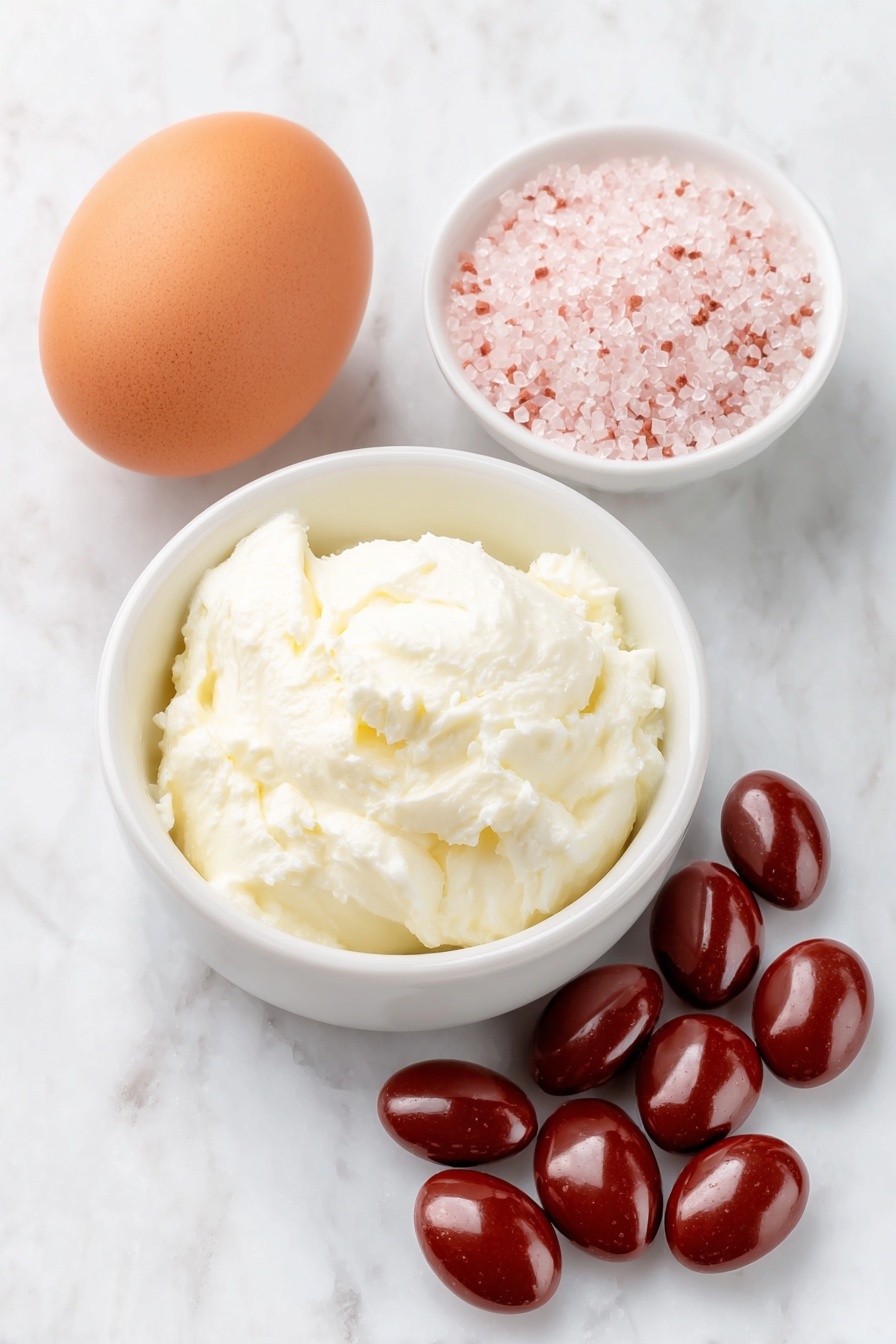 Strawberry Kiss Cookies, strawberry kiss cookies recipe, soft strawberry cookies, cream cheese strawberry cookies, Valentine’s Day cookie ideas - Flat lay of a clean white ceramic bowl filled with smooth, softened cream cheese, a single large whole egg with a clean shell, a small white ceramic bowl containing pink sanding sugar crystals, and a neat pile of glossy red strawberry Hershey’s Kiss chocolates arranged symmetrically, placed on a clean white marble surface, soft natural light, photo taken with an iPhone, professional food photography style, fresh ingredients, white ceramic bowls, no bottles, no duplicates, no utensils, no packaging --ar 2:3 --v 7 --p m7354615311229779997