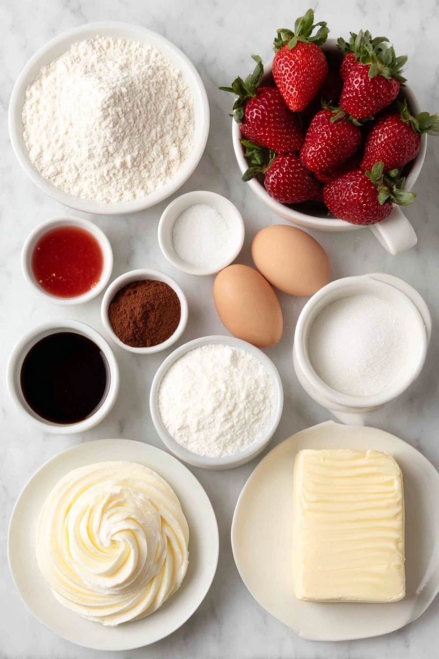 Red Velvet Cheesecake with Strawberries, red velvet cheesecake recipe, easy red velvet cheesecake, strawberry dessert options, layered cheesecake with strawberries - Flat lay of a small mound of all-purpose flour in a simple white ceramic bowl, a small white bowl of granulated sugar, a small white bowl containing cocoa powder, a small white bowl with baking powder, a small white bowl with baking soda, a small white bowl of salt, a small white bowl of vegetable oil, a small white bowl of buttermilk, two whole uncracked brown eggs, a small white bowl of vanilla extract, a small white bowl of red gel food coloring, a small white bowl of white vinegar, a block of cream cheese on a simple white ceramic plate, a cup of fresh whole strawberries with green leaves intact arranged naturally on a white ceramic plate, a small white bowl of strawberry preserves, and a swirl of fresh whipped cream placed on a small white ceramic plate, all ingredients fresh and natural, balanced and symmetrical layout, placed on a clean white marble surface, soft natural light, photo taken with an iPhone, professional food photography style, fresh ingredients, white ceramic bowls, no bottles, no duplicates, no utensils, no packaging --ar 2:3 --v 7 --p m7354615311229779997