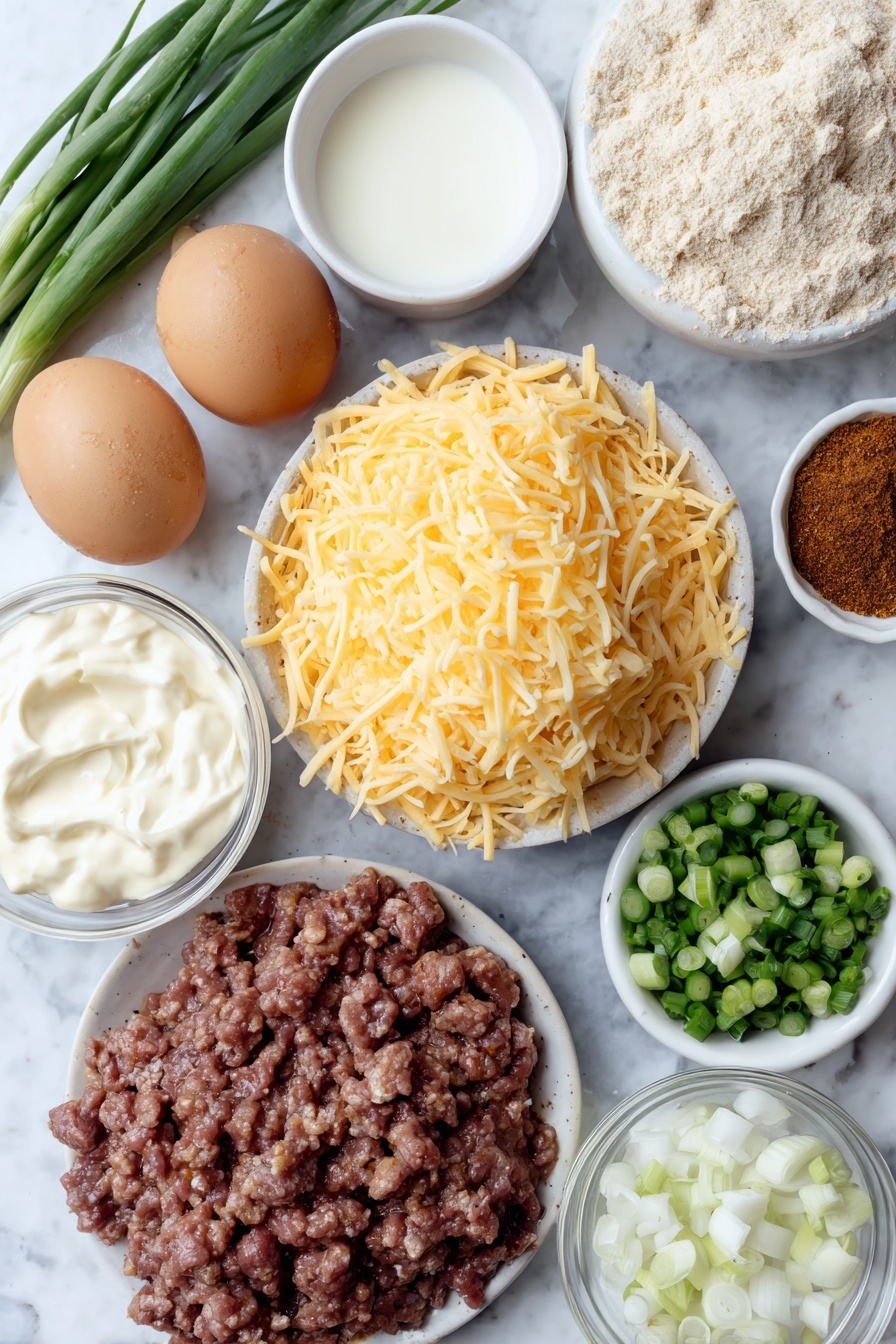 Cheddar Beef Taco Casserole, beef taco casserole, cheesy beef casserole, easy taco casserole, savory beef casserole - Flat lay of a small pile of bright orange cheddar cheese shredded, a modest mound of pale yellow Colby Jack cheese shredded, a heaping pile of rich red diced tomatoes with seeds and juice visible, a fresh medium white onion diced into small cubes, two whole brown eggs with smooth clean shells, a few sprigs of chopped vibrant green onion, a mound of tan biscuit mix powder, a small white ceramic bowl filled with creamy white sour cream, a small white ceramic bowl holding glossy pale mayonnaise, a small white ceramic bowl filled with milky white liquid, a small white ceramic bowl containing amber taco seasoning powder, raw lean ground beef formed into a natural loose pile (not cooked), a small white ceramic bowl with clear water—all placed on a clean white marble surface, soft natural light, photo taken with an iPhone, professional food photography style, fresh ingredients, white ceramic bowls, no bottles, no duplicates, no utensils, no packaging --ar 2:3 --v 7 --p m7354615311229779997